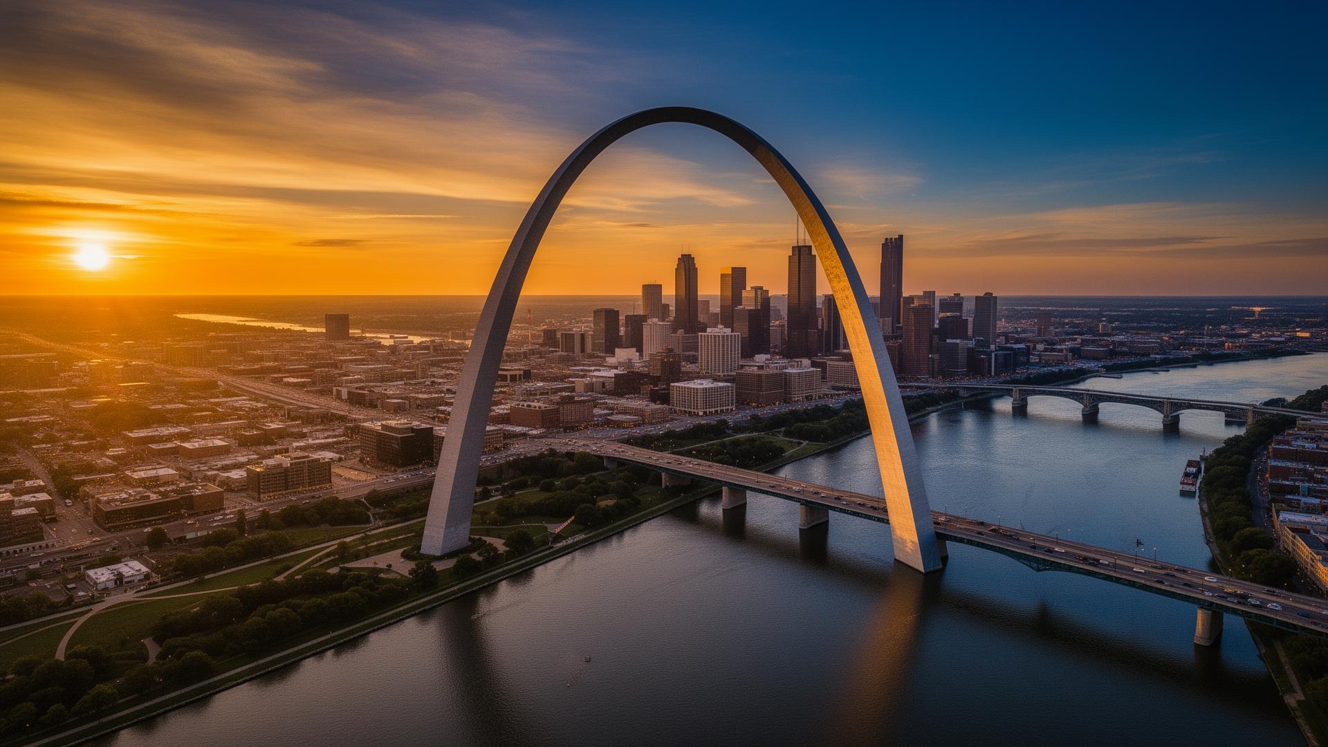 Aerial view of St. Louis skyline with Gateway Arch at sunset